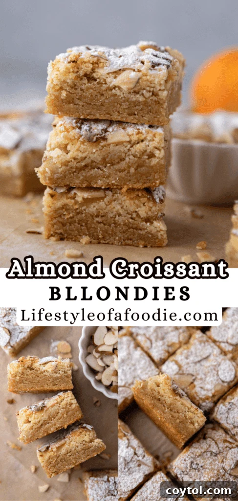 Pinterest pin for the almond croissant blondies recipe, featuring a close-up of the dessert.