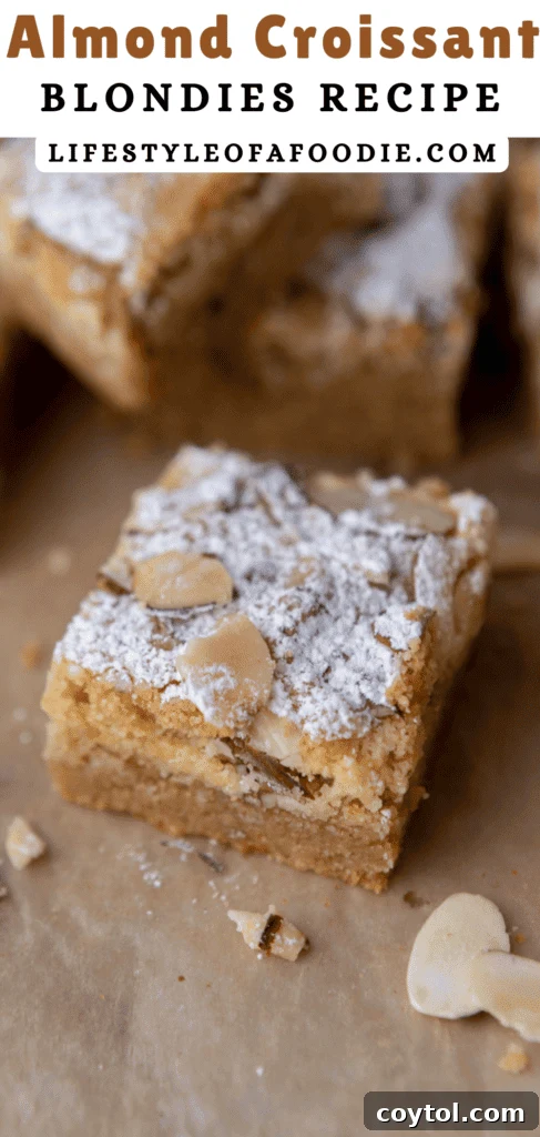 Another Pinterest pin for almond croissant blondies, showing a stack of the squares.
