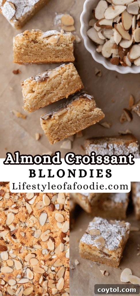 A third Pinterest pin for the almond croissant blondies, displaying the full pan of baked dessert.