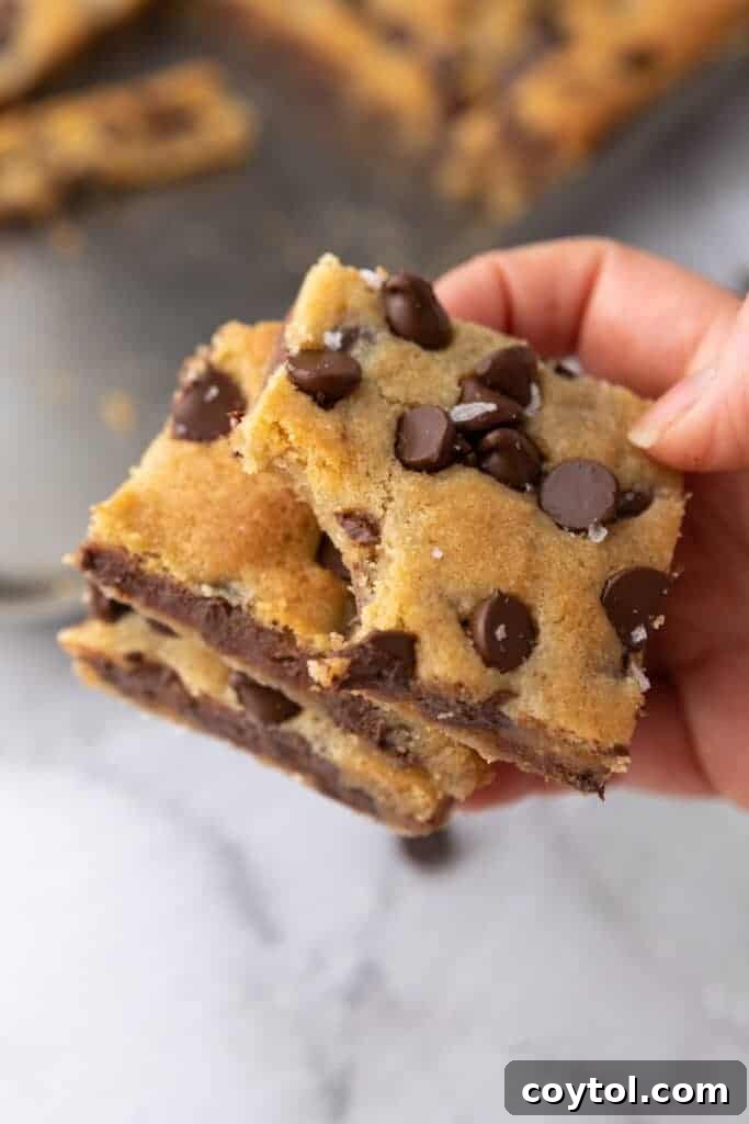 The Ultimate Soft and Chewy Nestle Toll House Cookie Bars 11 Hand holding a piece of a delicious Nestle Toll House Cookie Bar