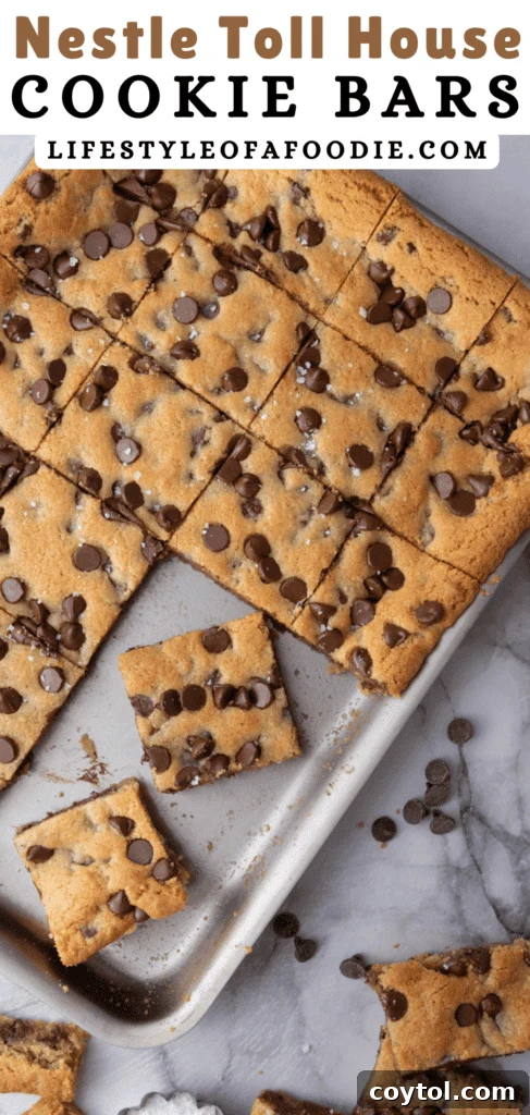 The Ultimate Soft and Chewy Nestle Toll House Cookie Bars 14 Close up of a single Nestle Toll House Cookie Bar for Pinterest