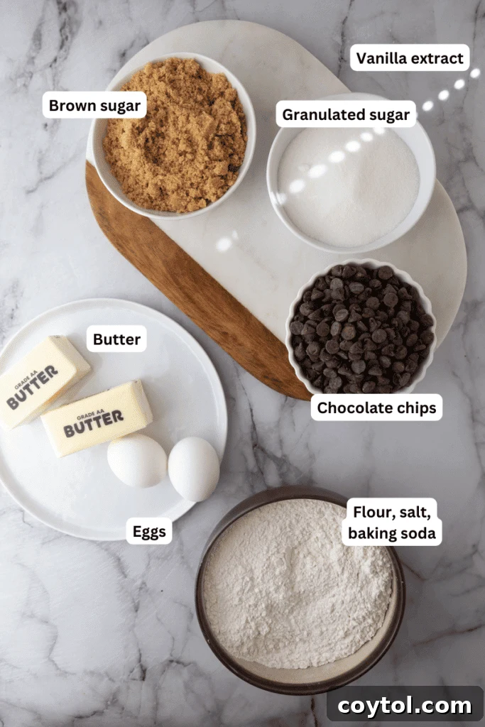 The Ultimate Soft and Chewy Nestle Toll House Cookie Bars 3 Key ingredients for Nestle Toll House Chocolate Chip Cookie Bars laid out on a kitchen counter