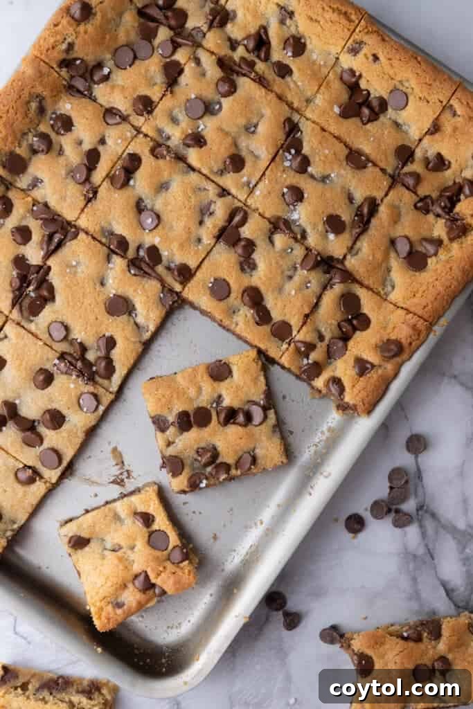 The Ultimate Soft and Chewy Nestle Toll House Cookie Bars 4 Closeup of freshly baked Nestle Toll House Cookie Bars ready to be sliced