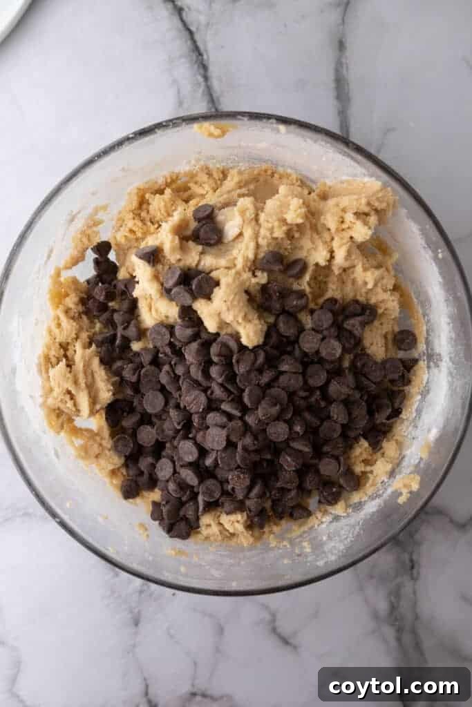 The Ultimate Soft and Chewy Nestle Toll House Cookie Bars 6 Chocolate chips being folded into cookie dough