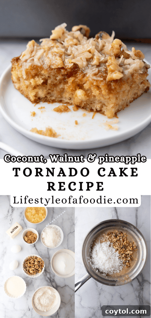 A Pinterest pin image featuring a beautifully presented slice of Tornado Cake, tempting viewers to save the recipe for later.