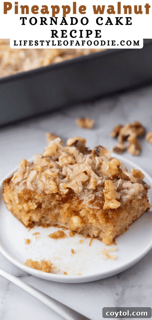 Another Pinterest pin image showcasing the full Tornado Cake in its pan, highlighting its appealing coconut pecan topping, perfect for sharing.