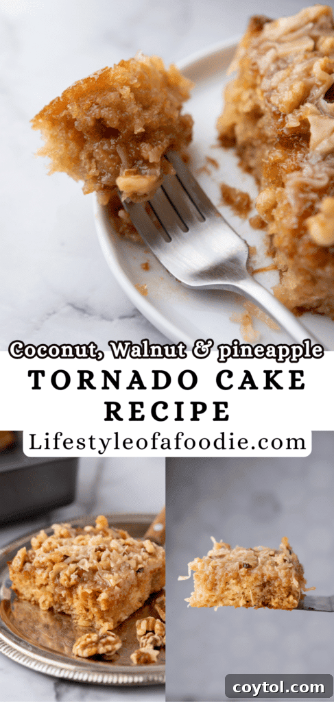 A third Pinterest pin image providing a close-up of the moist interior and rich topping of the Tornado Cake, ideal for inspiring bakers.