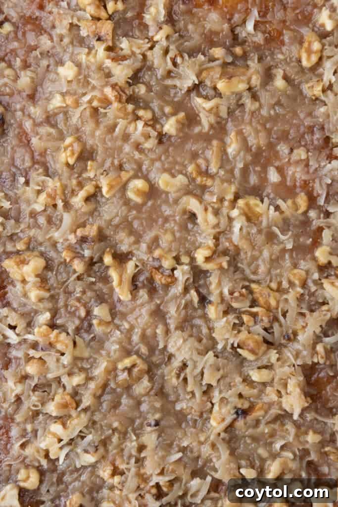 A close-up view of the rich, inviting texture of the Tornado Cake's topping, glistening with the coconut pecan icing.