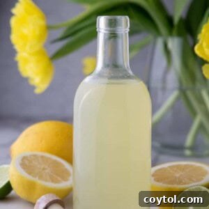 Easy Homemade Lemon Sour Mix Recipe 9 A bottle of freshly made homemade lemon sour mix on a wooden table, ready for use in cocktails.