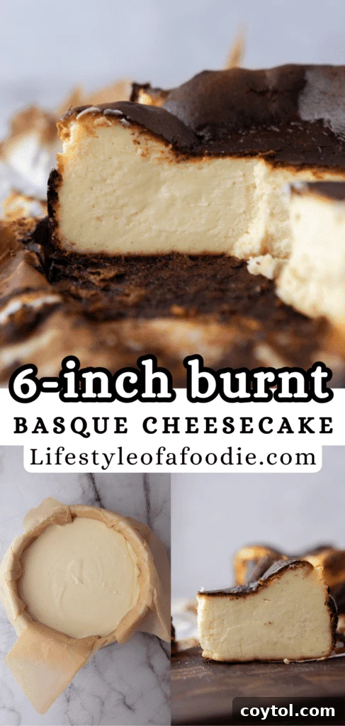 Pinterest pin graphic for the 6-inch burnt Basque cheesecake recipe, featuring the final dessert.
