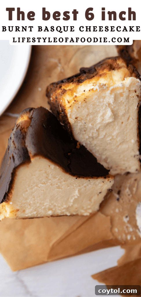 Another Pinterest pin graphic for the 6-inch burnt Basque cheesecake recipe, with a different angle or presentation.