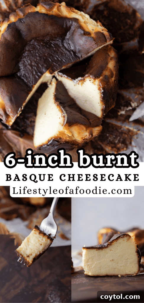 A third Pinterest pin graphic for the 6-inch burnt Basque cheesecake recipe, encouraging saving the idea.