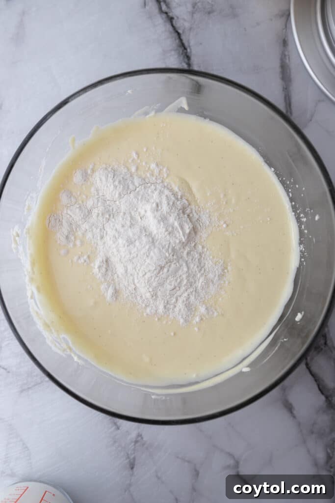 Partially mixed ingredients for Basque cheesecake in a bowl, showcasing initial blending.