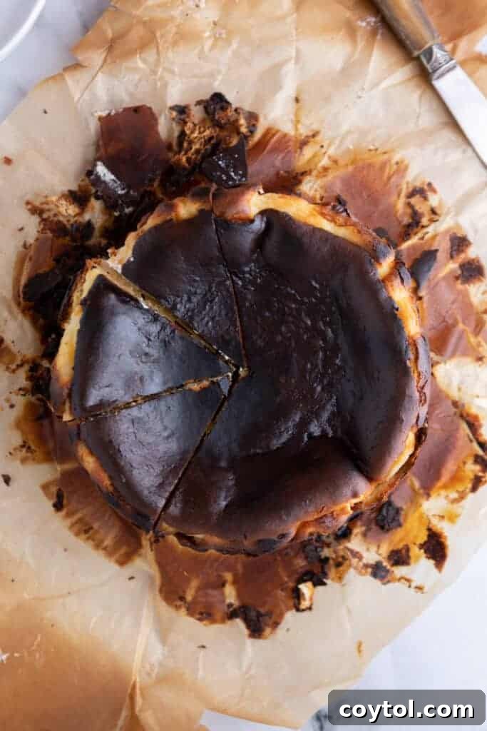 An overhead view of the 6-inch burnt Basque cheesecake, expertly sliced and ready to be enjoyed.