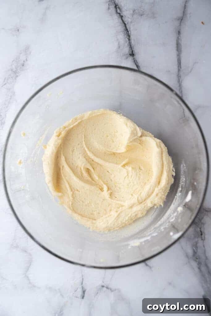 Lemon cookie dough being mixed in a bowl, showcasing its smooth texture