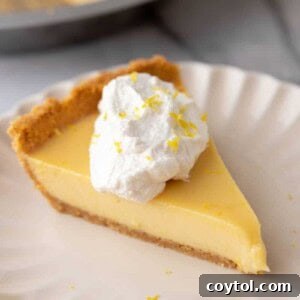 A delightful slice of lemon pie with a golden graham cracker crust, topped with fresh whipped cream and a hint of lemon zest, presented on a white plate, ready to be enjoyed.