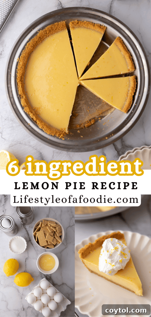Pinterest pin showing a whole lemon pie with graham cracker crust, perfect for saving the recipe.