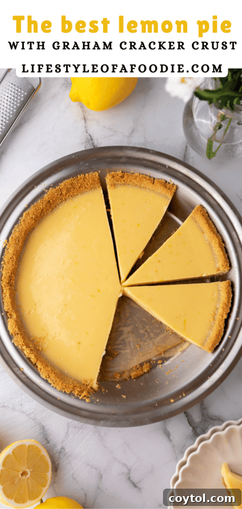 Pinterest pin featuring a close-up of a slice of lemon pie, highlighting the creamy filling and crust.