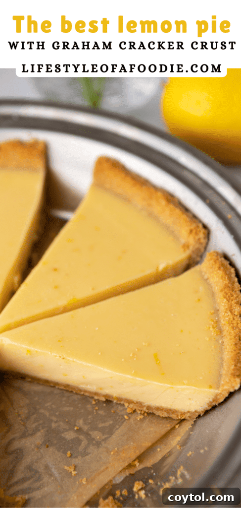 Pinterest pin displaying the finished lemon pie on a stand, ideal for a dessert spread.