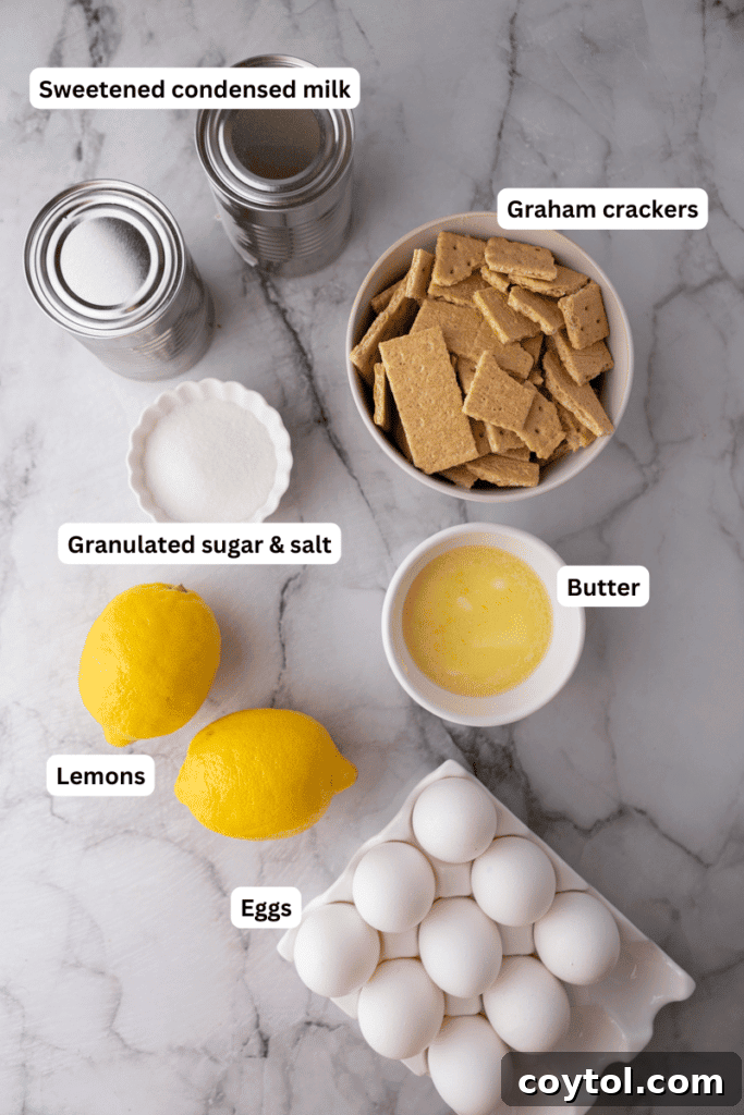 A selection of fresh ingredients including lemons, graham crackers, and dairy, laid out for making the lemon pie.