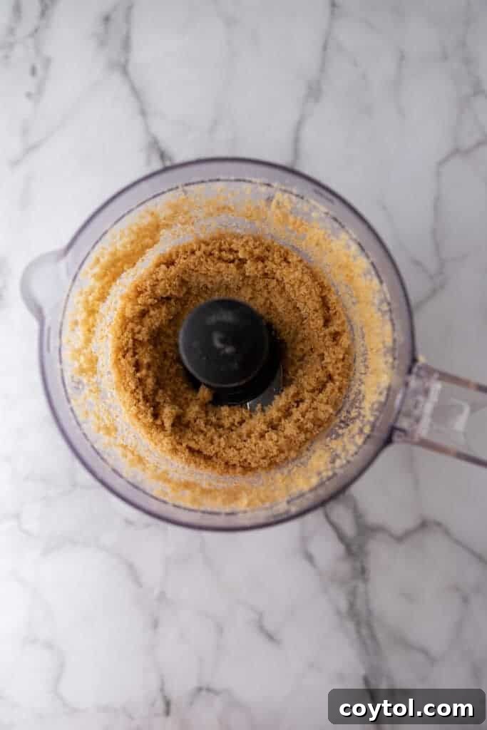 Close-up of graham cracker crumbs being processed, showing their fine texture.