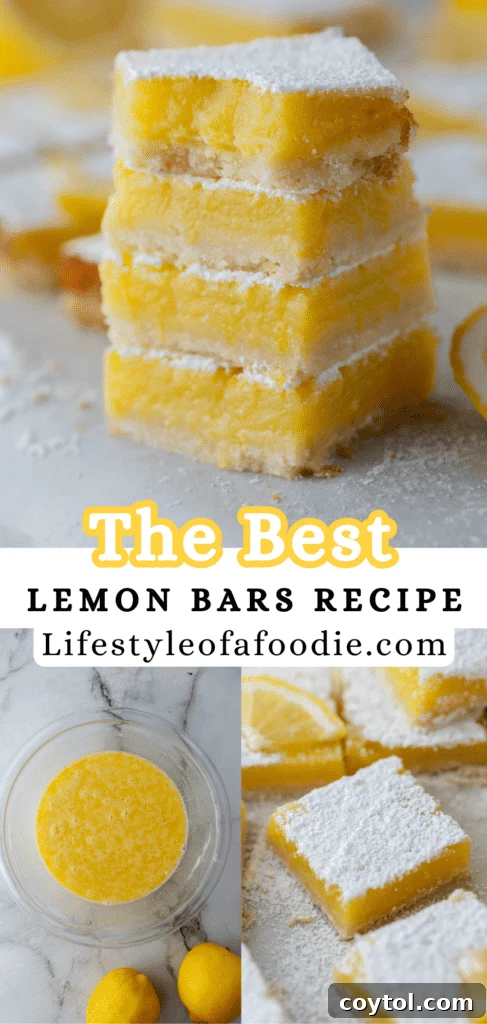 Pinterest pin showing a close-up of a lemon bar square, perfectly dusted with powdered sugar.
