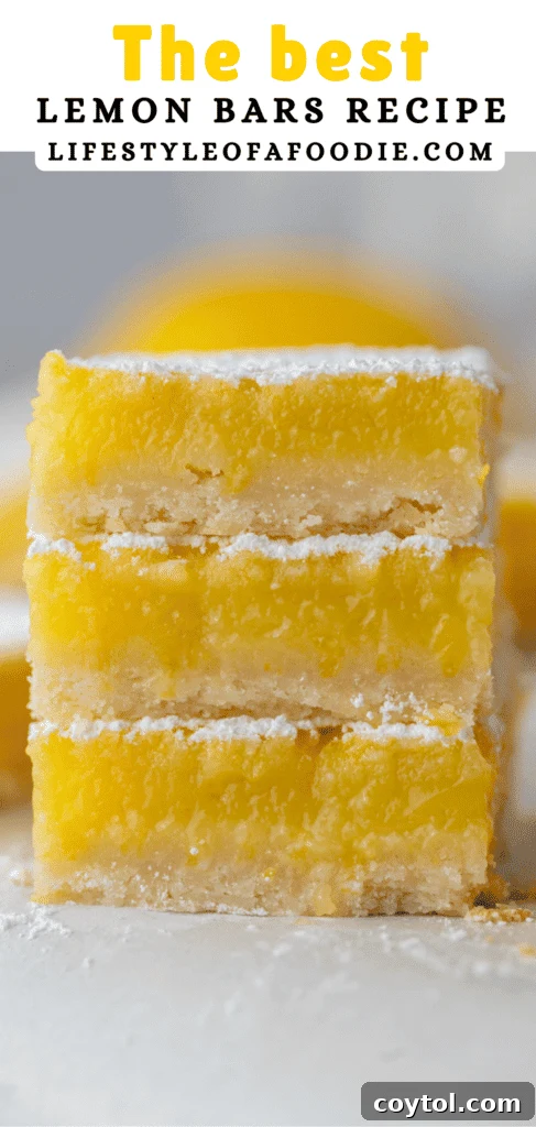 Another Pinterest pin featuring a stack of golden lemon bars, emphasizing their bright yellow filling.