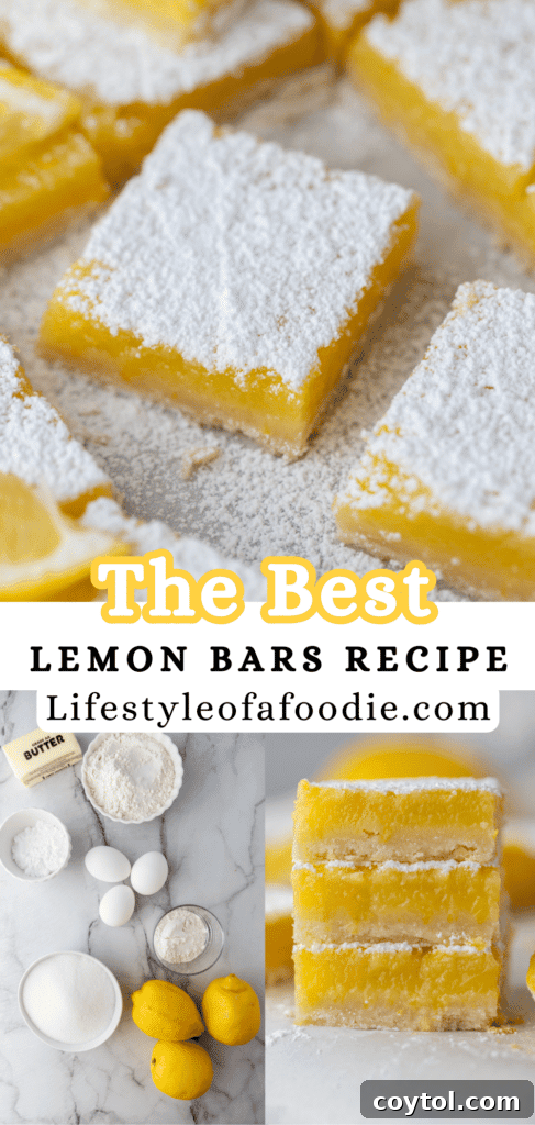 A third Pinterest pin showcasing a vibrant arrangement of lemon bars on a serving plate, ready to be enjoyed.