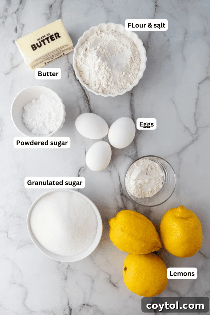 A collection of fresh ingredients laid out, including vibrant yellow lemons, eggs, butter, and bags of sugar, ready for making delicious lemon bars.