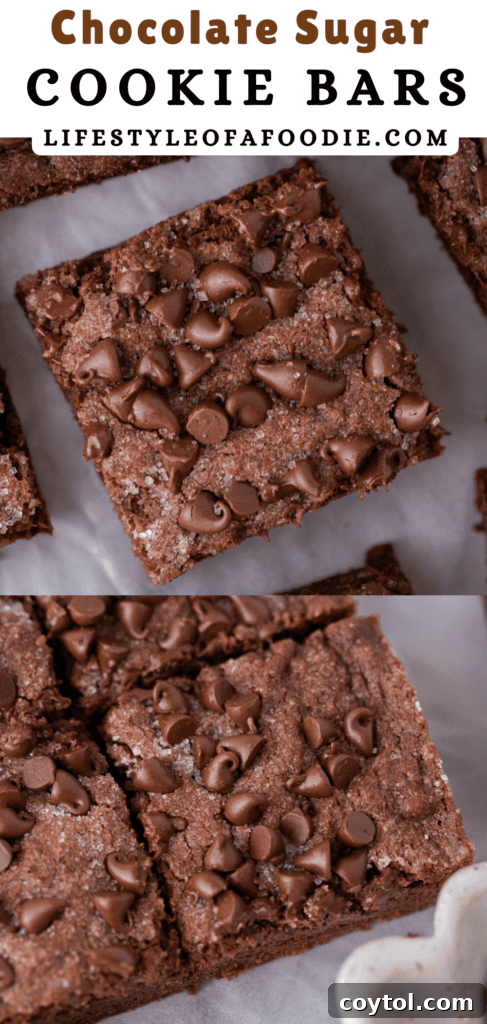 pinterest pin showcasing the chocolate sugar cookie bars recipe, highlighting the beautiful texture and shape
