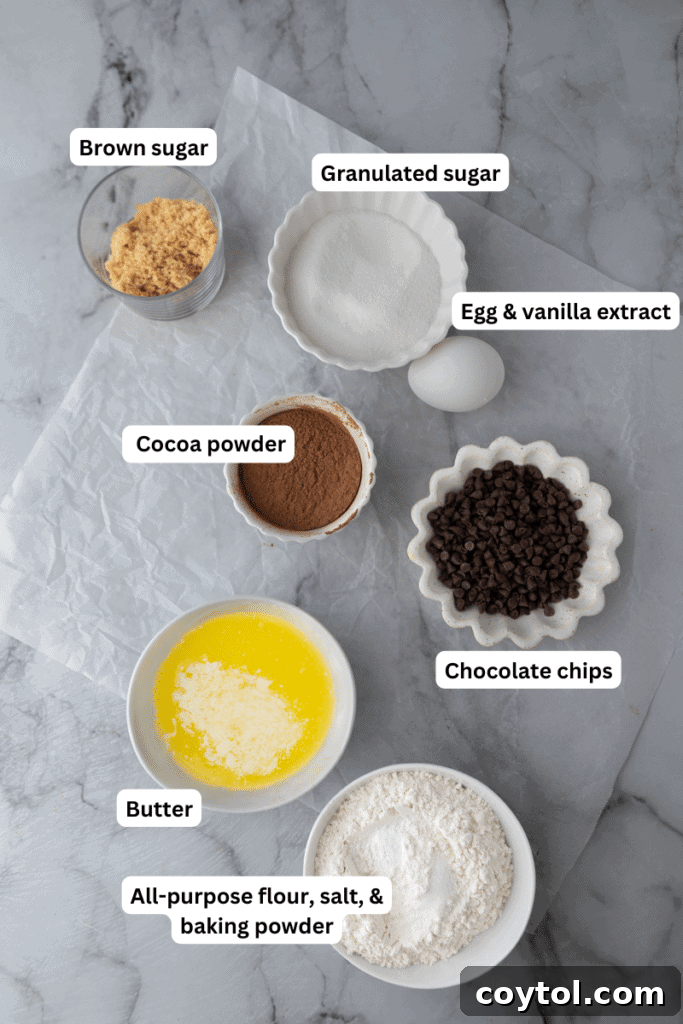 all dry and wet ingredients laid out for chocolate sugar cookie bars recipe preparation