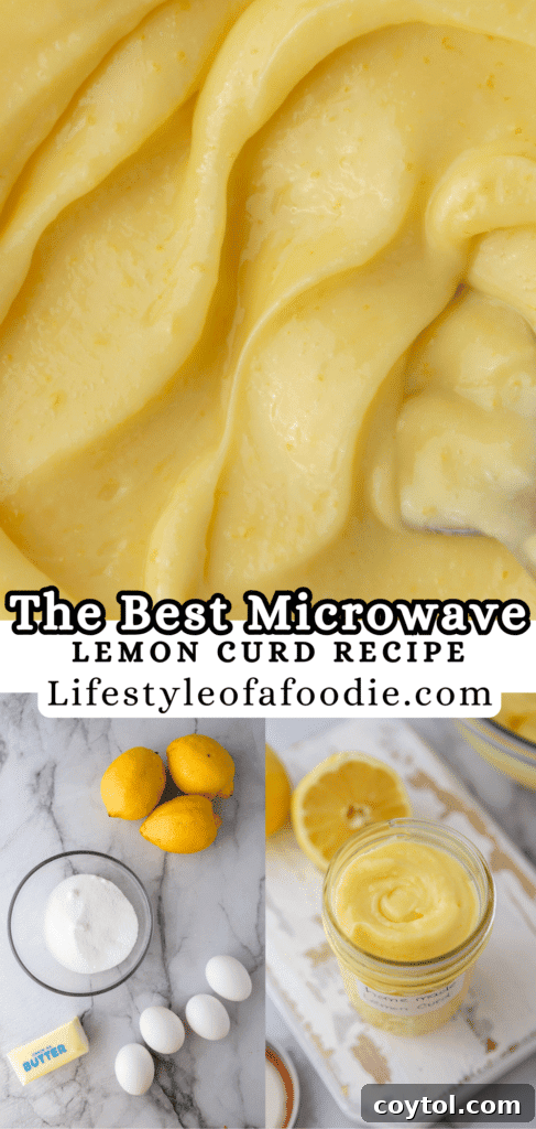 Microwave Lemon Curd: Zesty Perfection in Minutes 16 Pinterest pin showing a jar of microwave lemon curd with fresh lemon slices.