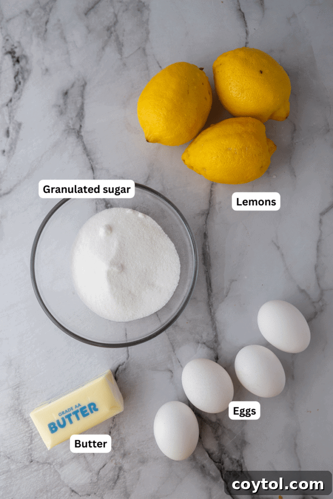 Microwave Lemon Curd: Zesty Perfection in Minutes 3 All the simple ingredients laid out for making microwave lemon curd: lemons, eggs, sugar, and butter.