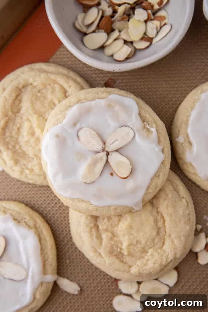 Overhead view of several beautifully iced almond sugar cookies on a wire rack