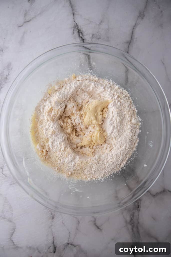 Bowl containing whisked dry ingredients for cookies