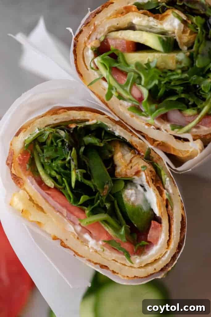 The Viral High-Protein Cottage Cheese Wrap Everyone's Raving About 11 overhead shot of Viral Tiktok cottage cheese wrap with veggie filling