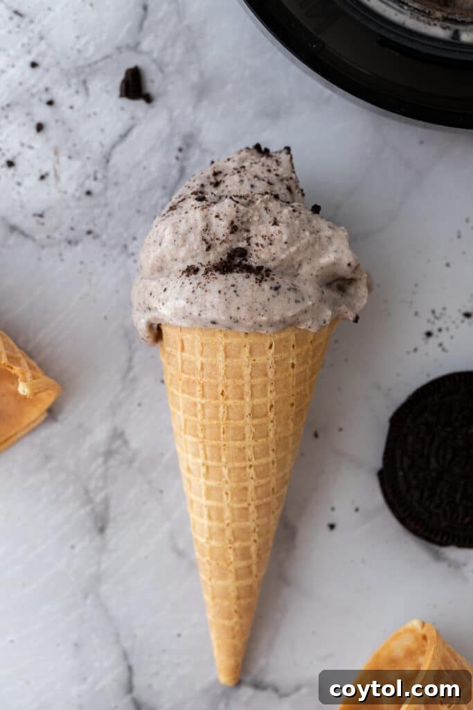 Ultimate Ninja Creami Cookies and Cream Perfection 11 ninja creami cookies and cream recipe in a cone