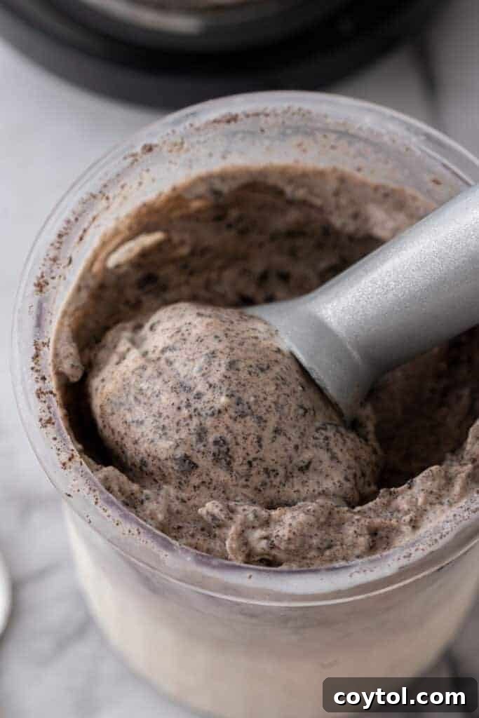 Ultimate Ninja Creami Cookies and Cream Perfection 4 overhead shot of ice cream spoon scooping the Ninja Creami Cookies and Cream