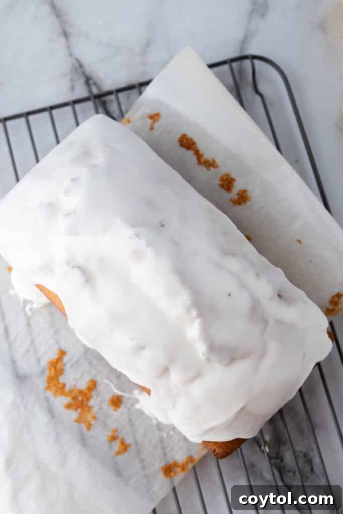 Overhead shot of the Whole Lemon Blender Cake with a perfect glaze