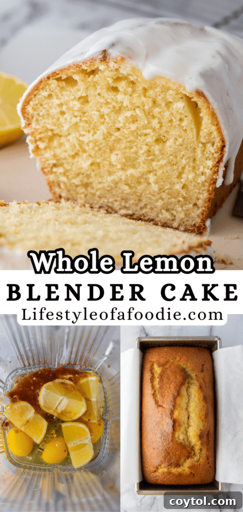 Pinterest pin for the Blender Lemon Cake Recipe - vertical image