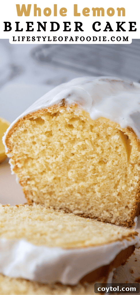Pinterest pin for the whole lemon blender cake recipe - horizontal image