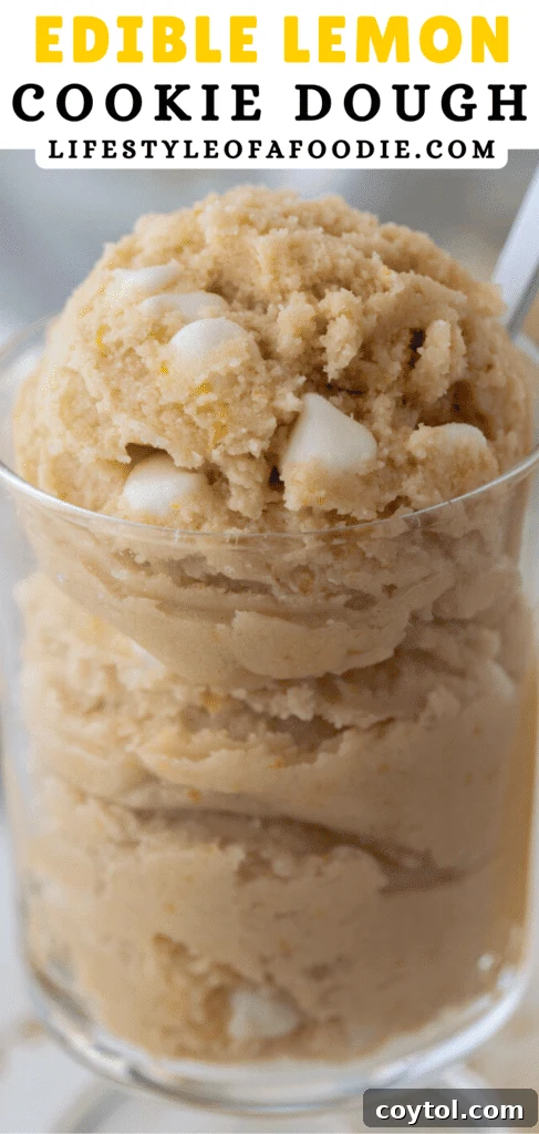 Pinterest pin graphic for the edible lemon cookie dough recipe, featuring a beautiful image of the dessert