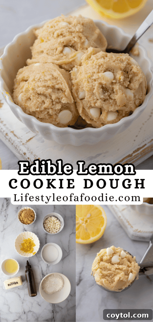 Another Pinterest pin graphic for the edible lemon cookie dough recipe, with a different angle or presentation