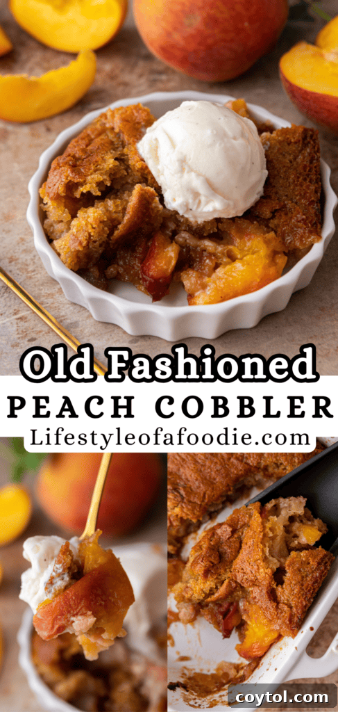 Pinterest pin graphic for old fashioned peach cobbler recipe showcasing the serving suggestion with ice cream