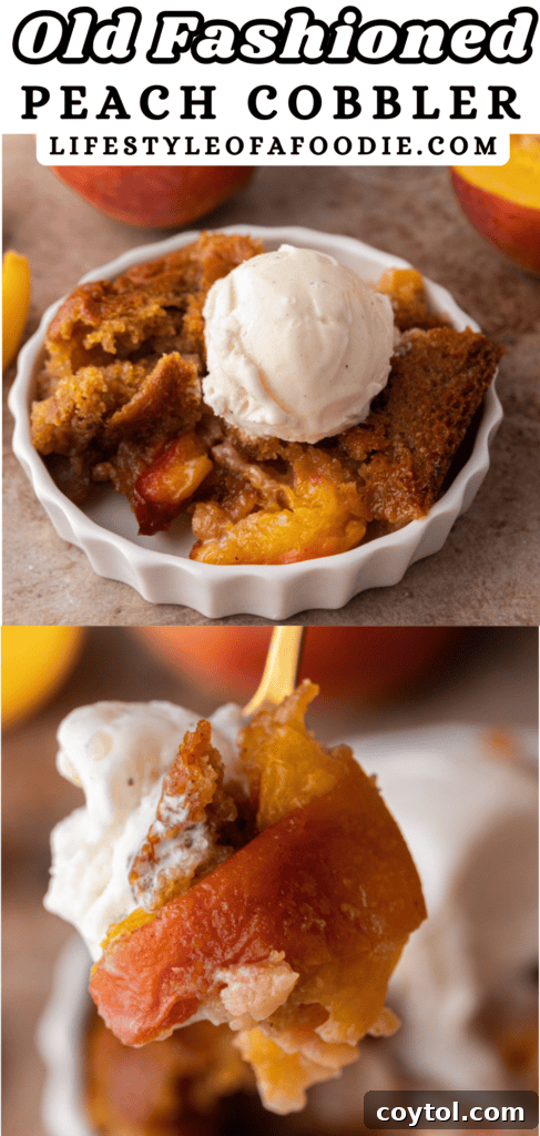 Pinterest pin graphic for old fashioned peach cobbler recipe featuring a full dish of the baked dessert