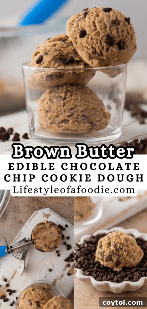 Irresistible Edible Chocolate Chip Cookie Dough 15 A captivating close-up of brown butter edible chocolate chip cookie dough, styled for a Pinterest pin, showcasing its rich texture and chocolate chunks.