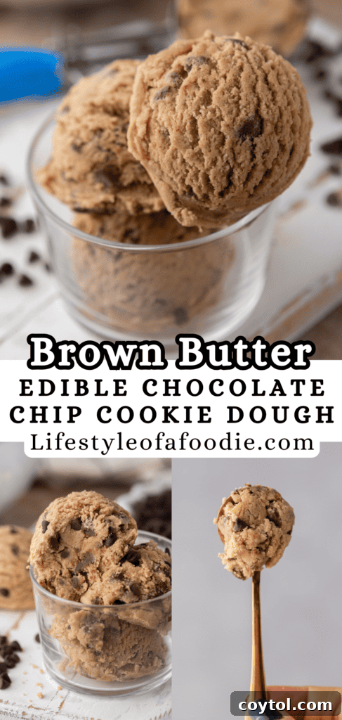 Irresistible Edible Chocolate Chip Cookie Dough 17 An inviting image of brown butter edible chocolate chip cookie dough, designed for easy sharing and saving on Pinterest boards.