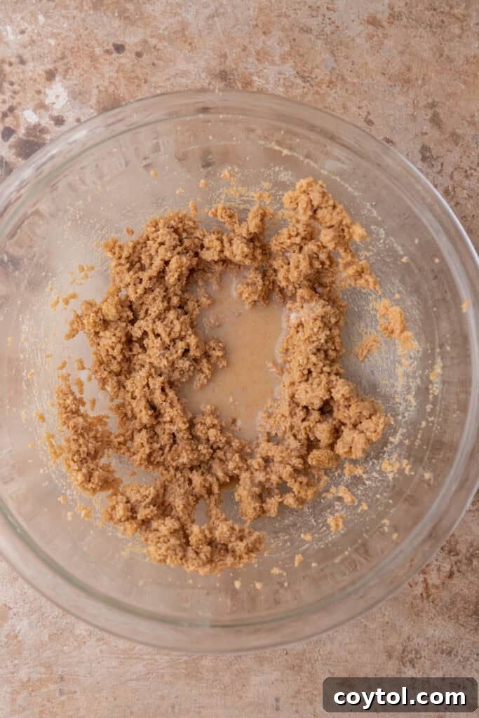 Irresistible Edible Chocolate Chip Cookie Dough 6 Wet ingredients in a bowl, showing a smooth, creamy texture after initial mixing.