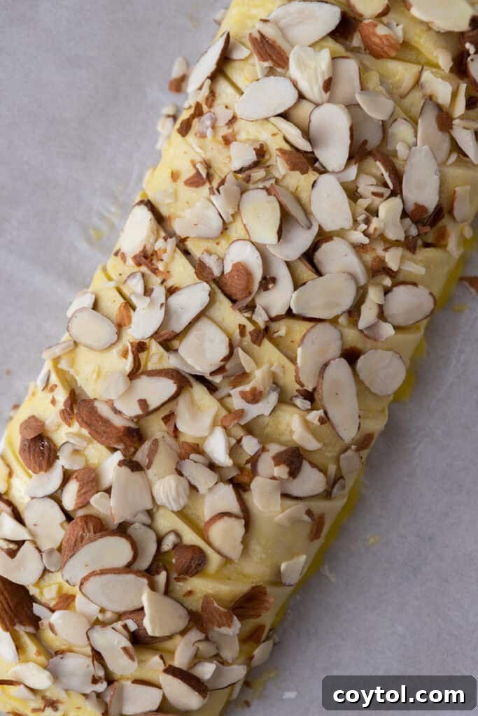 Braided Danish brushed with egg wash and topped with sliced almonds