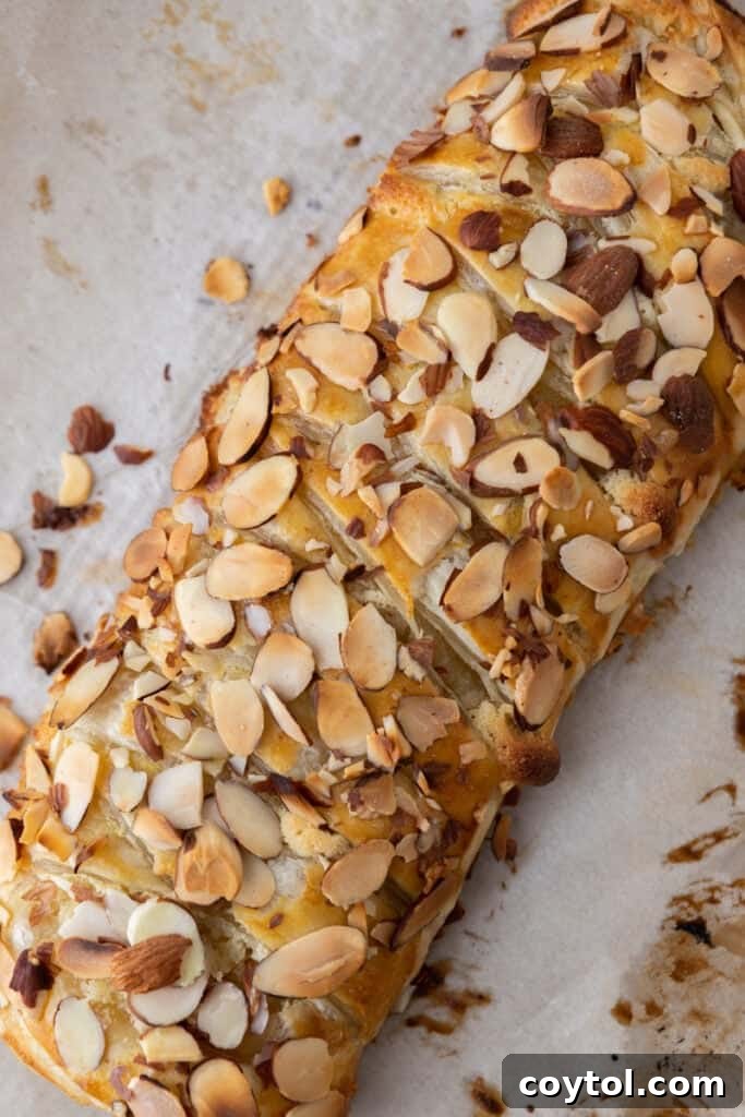 Freshly baked golden-brown braided almond danish